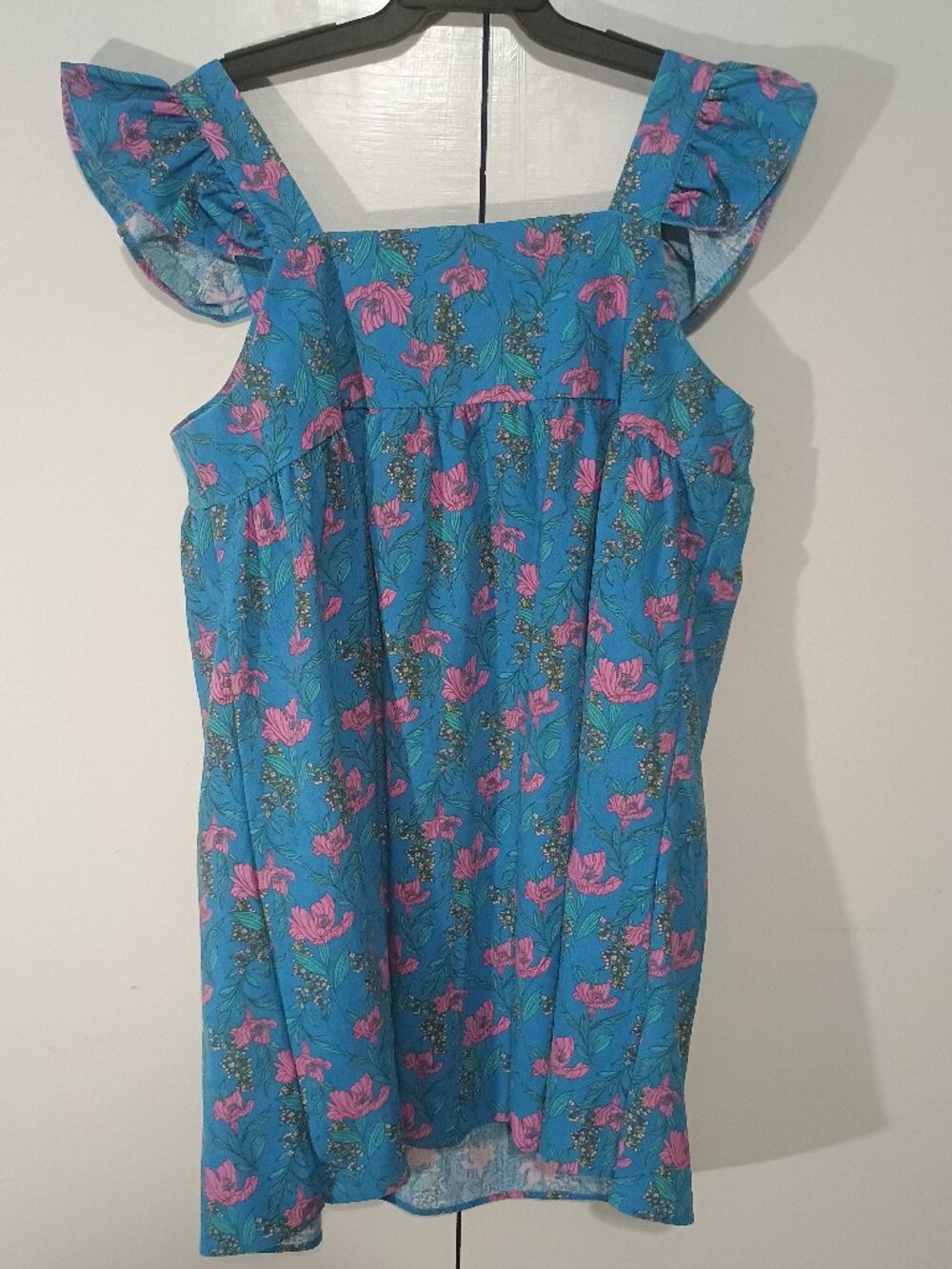 Perch by Blu Pepper Blue Pink Floral Babydoll Dress 2X Ruffle Sleeve Square Neck - Picture 3 of 6